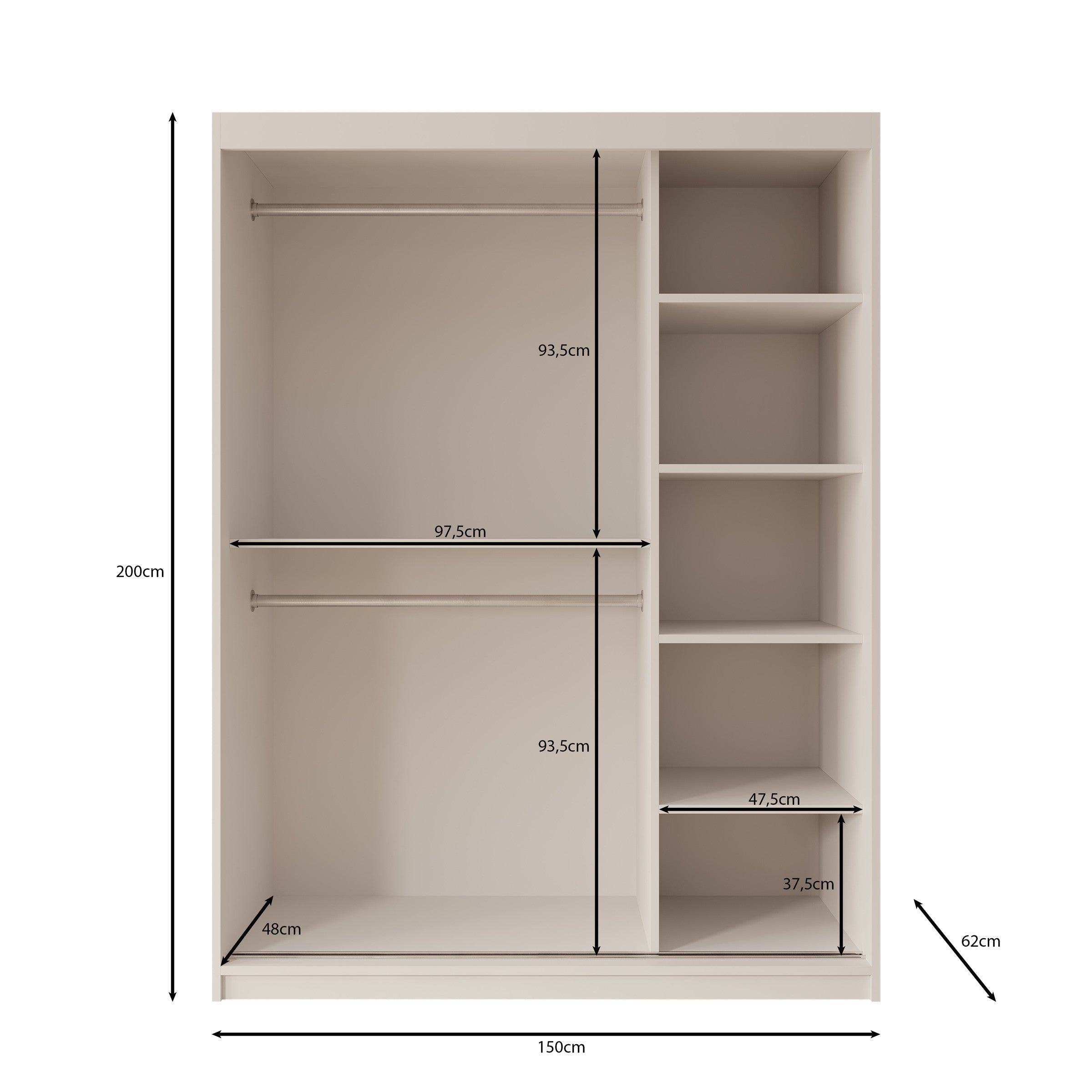 Meubella - Kledingkast Ulysses - Eiken - 150 cm - Met spiegel