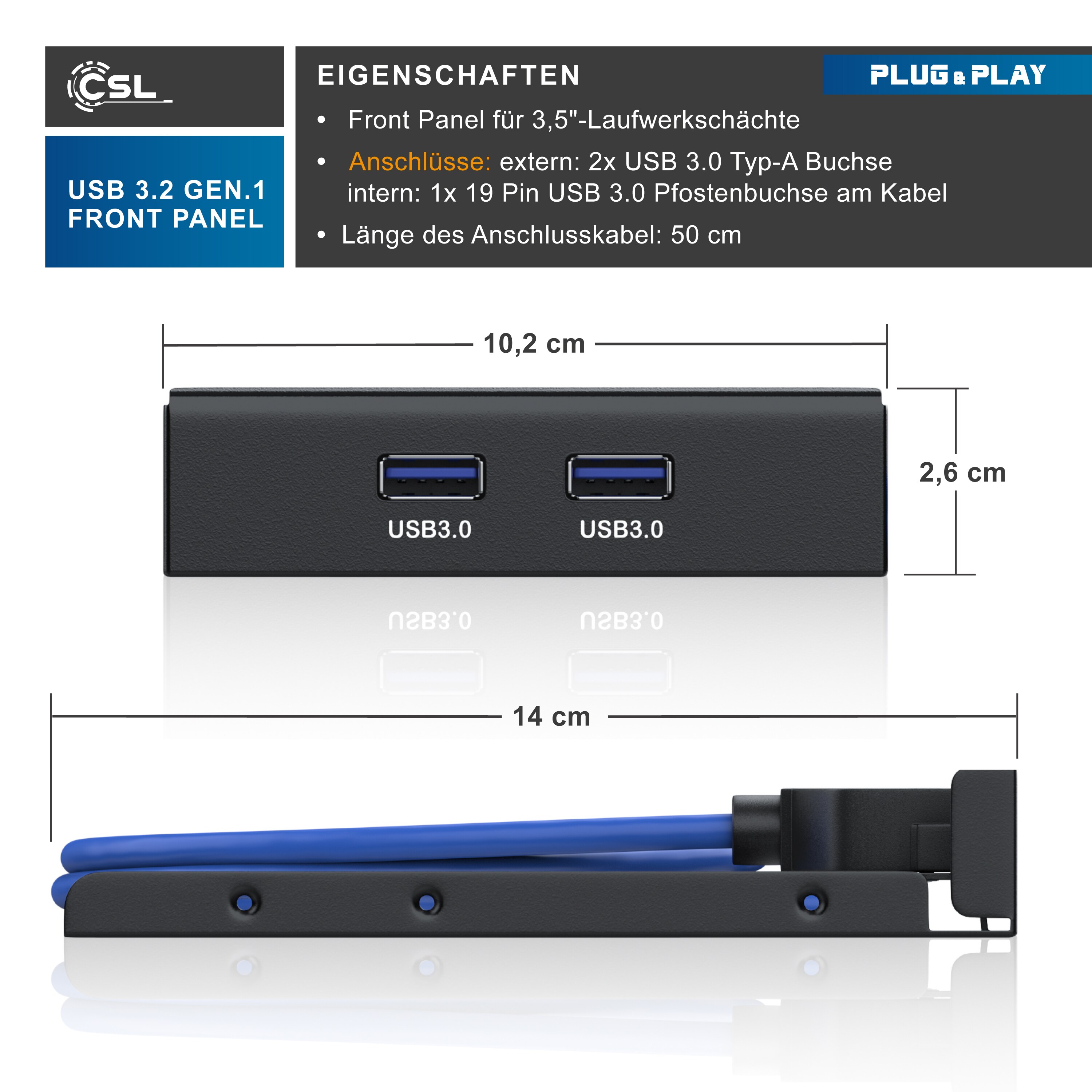 CSL USB 3.2 Gen.1 Front Panel aus Metall, interner Cardreader, Speicherkartenleser, bis zu 5 Gbit/s, 5 Schnittstellen, schwarz