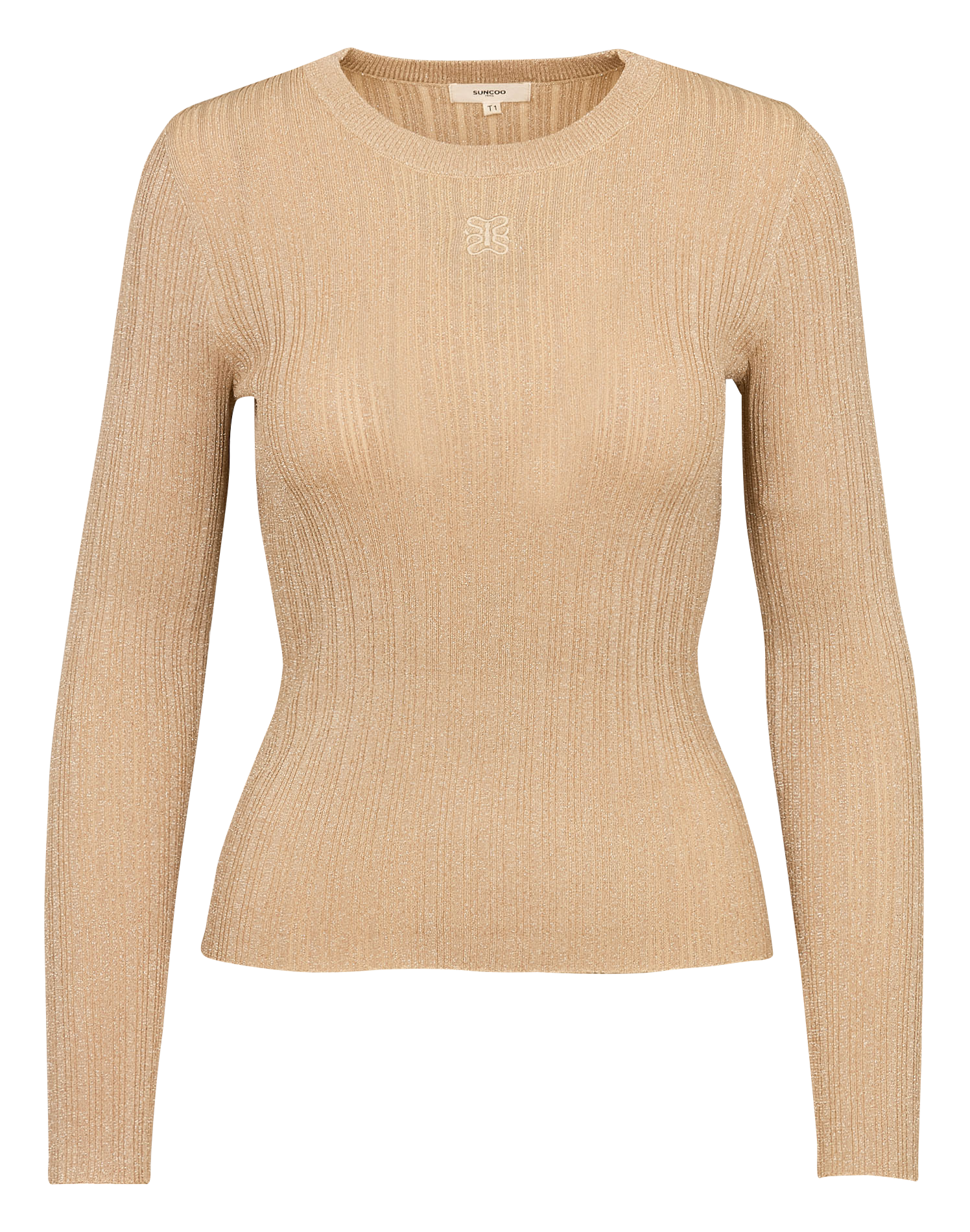 PRAVEG - Top ajusté col rond à paillettes | Beige