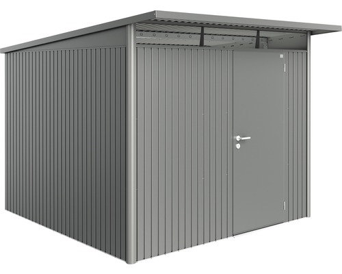 Biohort AvantGarde tuinhuis met enkele deur, formaat A7, inclusief plank en gereedschapshouder, 260 x 300 cm, kwartsgrijs metallic