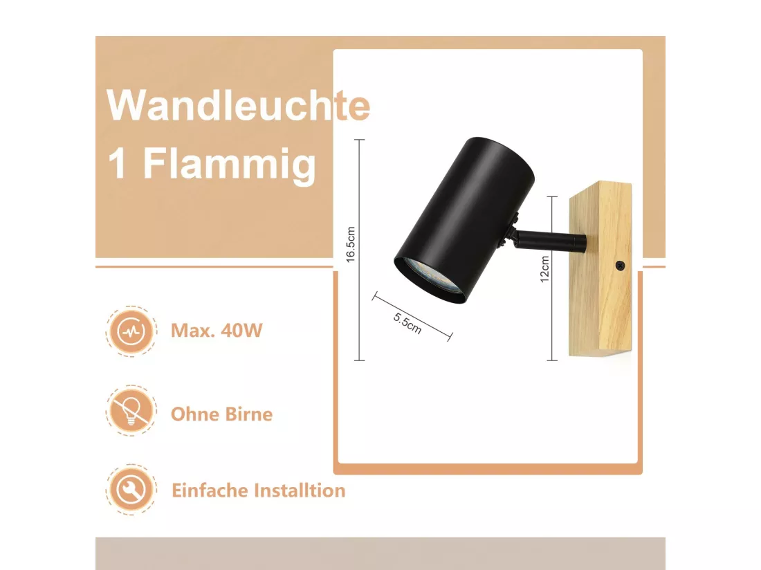 NETTLIFE Plafonnier 1 flamme Bois - Noir Plafonnier couloir Métal Rétro GU10 350°Plot de plafond pivotant Max.40W