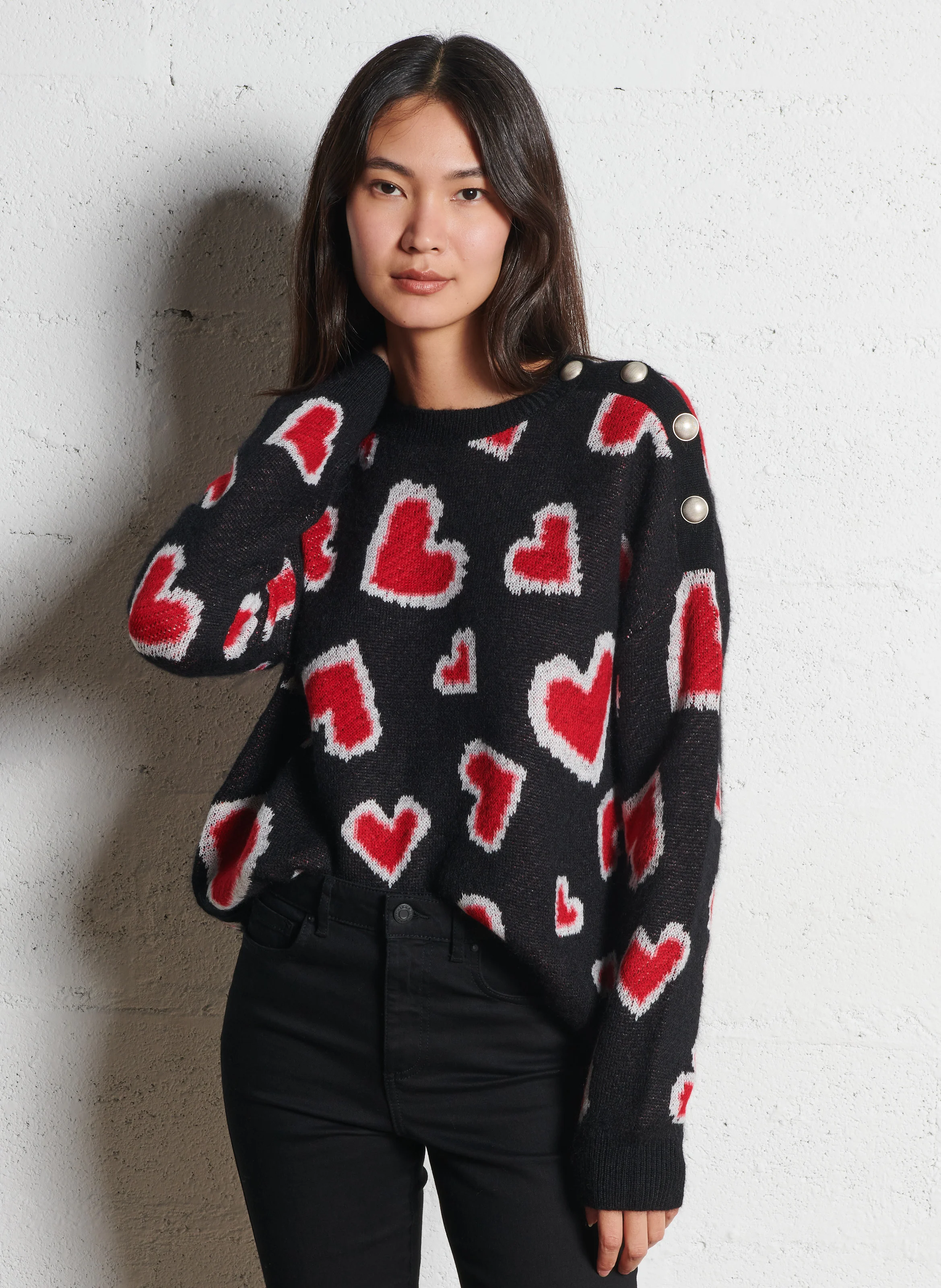 Pull ample col rond jacquard en laine mélangée | Noir