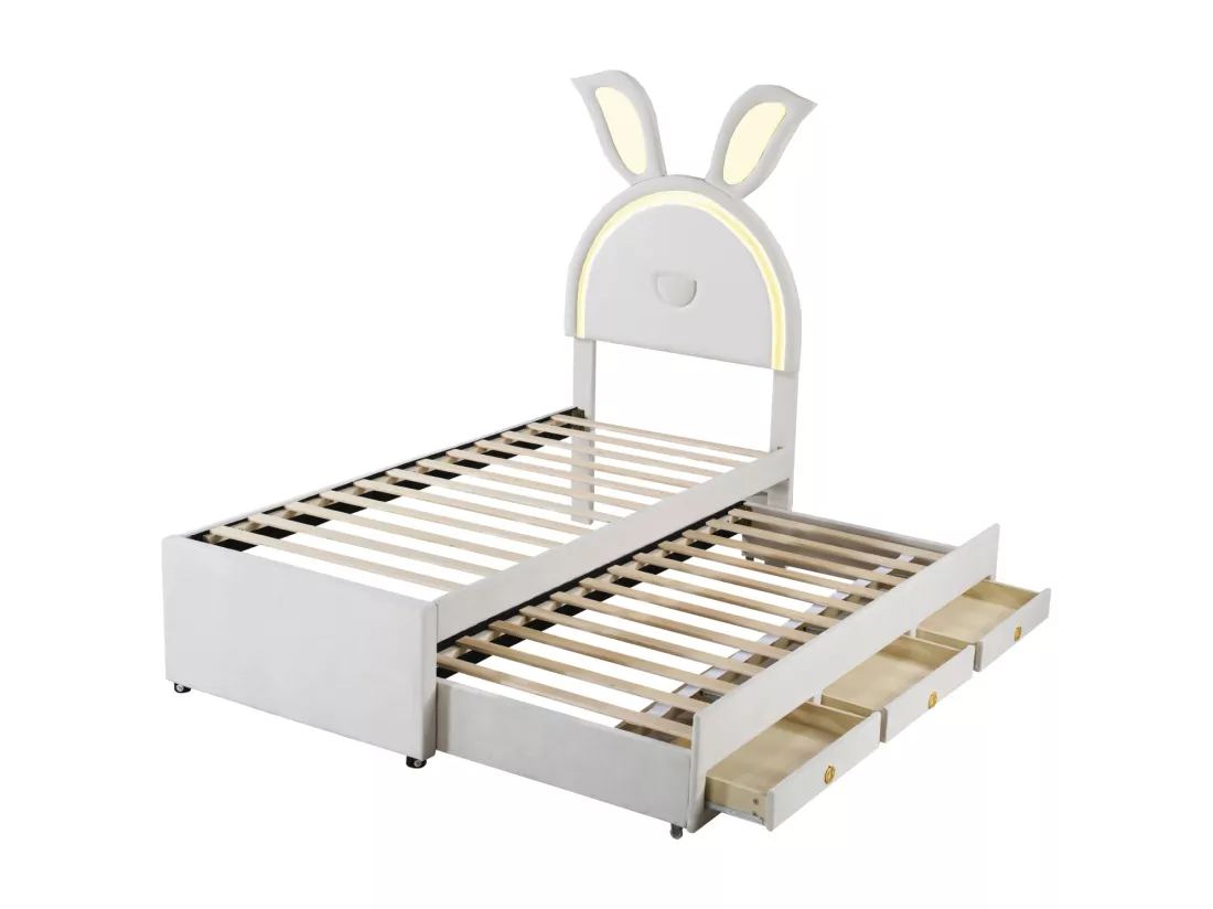 Lit gigogne 90x200+90x190cm, lit enfant capitonné en tissu velours, avec tiroir de rangement, tête de lit LED avec oreilles de lapin, beige