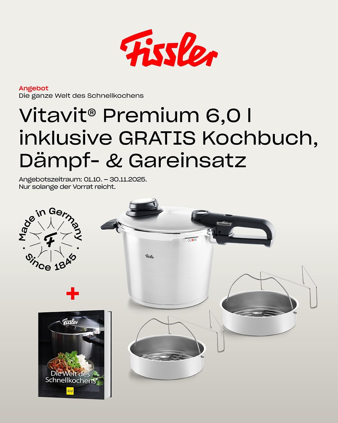 Fissler Vitavit Premium/Schnellkochtopf-Set (6 L, Ø 22 cm) + Gratis Dämpf-Einsatz & Schnellkochtopf-Buch, Edelstahl-Dampfkochtopf,4-Garstufen - Induktion