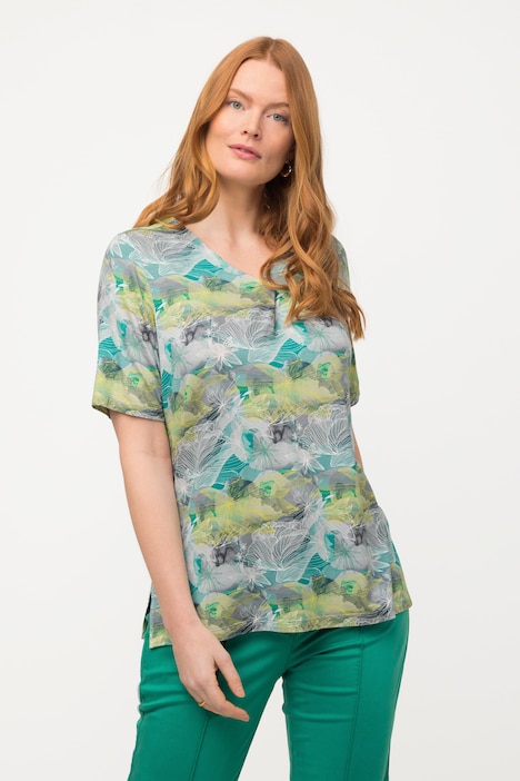 T-Shirt, Zierfalte, V-Ausschnitt, Halbarm
