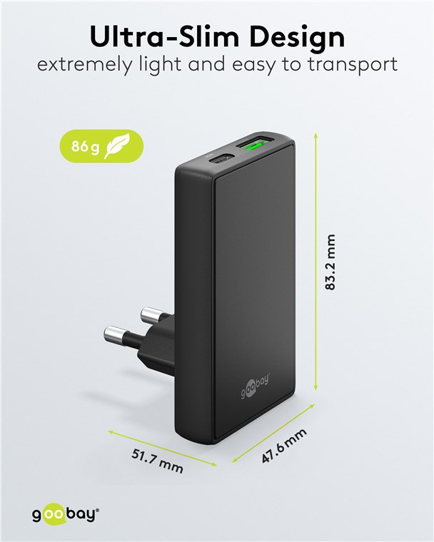 (65W) Dual 90° Flat USB C / USB A GaN Ladegerät Netzteil Power Delivery Quick Charge (75723) - Schwarz