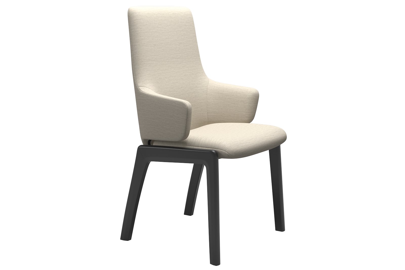 Basil spisestol I tekstil Mirage Offwhite med sort understell. Med arm, høy rygg og large sete. Vaskbart trekk
