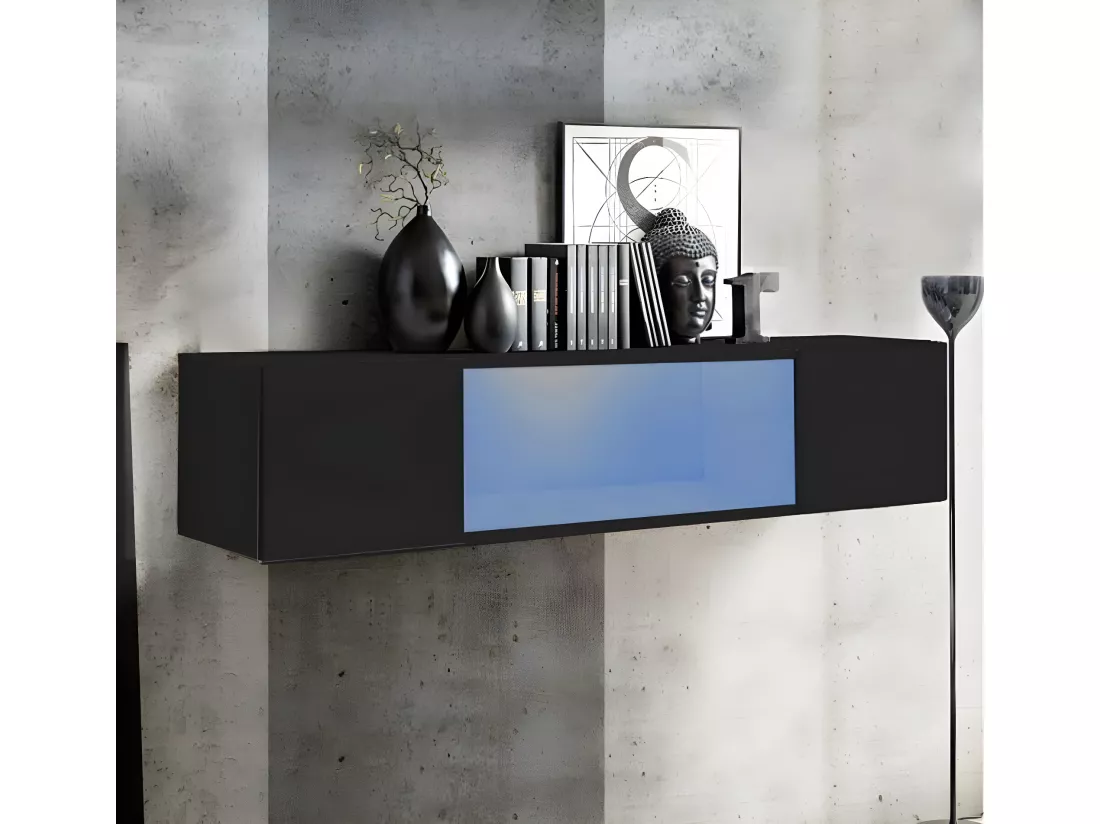 Vitrine suspendue pour Salon Salle à manger en Noir avec LED 160x29x30cm Krista H160CC