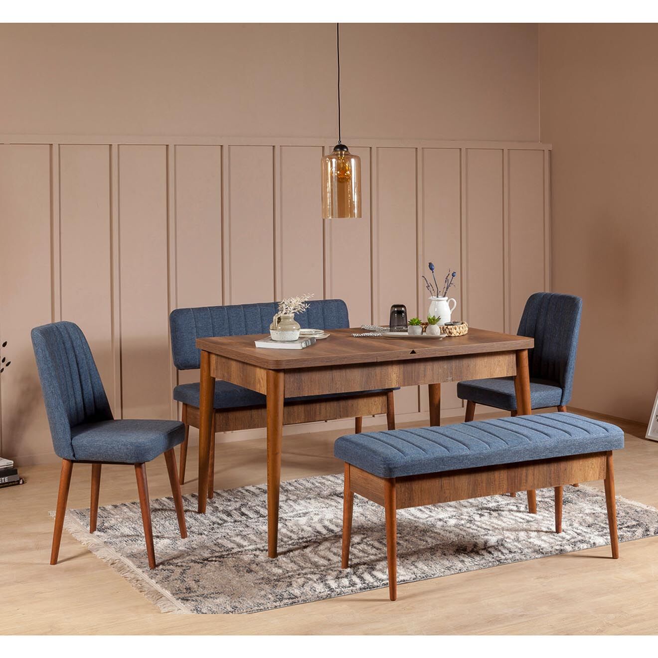 Wooden Art Ensemble table + 2 chaises + 2 bancs vina 1048 beige/bleu foncé
