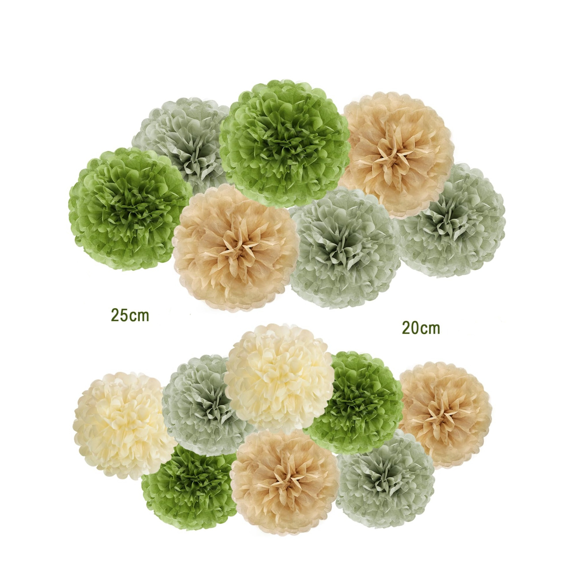 (15er Set) Papier Pompon's Deko Party / Geburtstag / Hochzeit - Grün / Beige / Creme