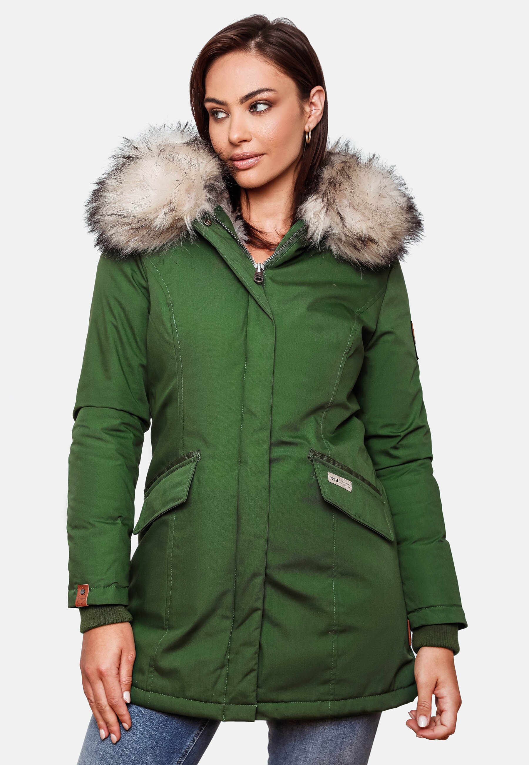 NAVAHOO Damen stylischer Wintermantel Winterparka mit Kunstfell-Kapuze Cristal