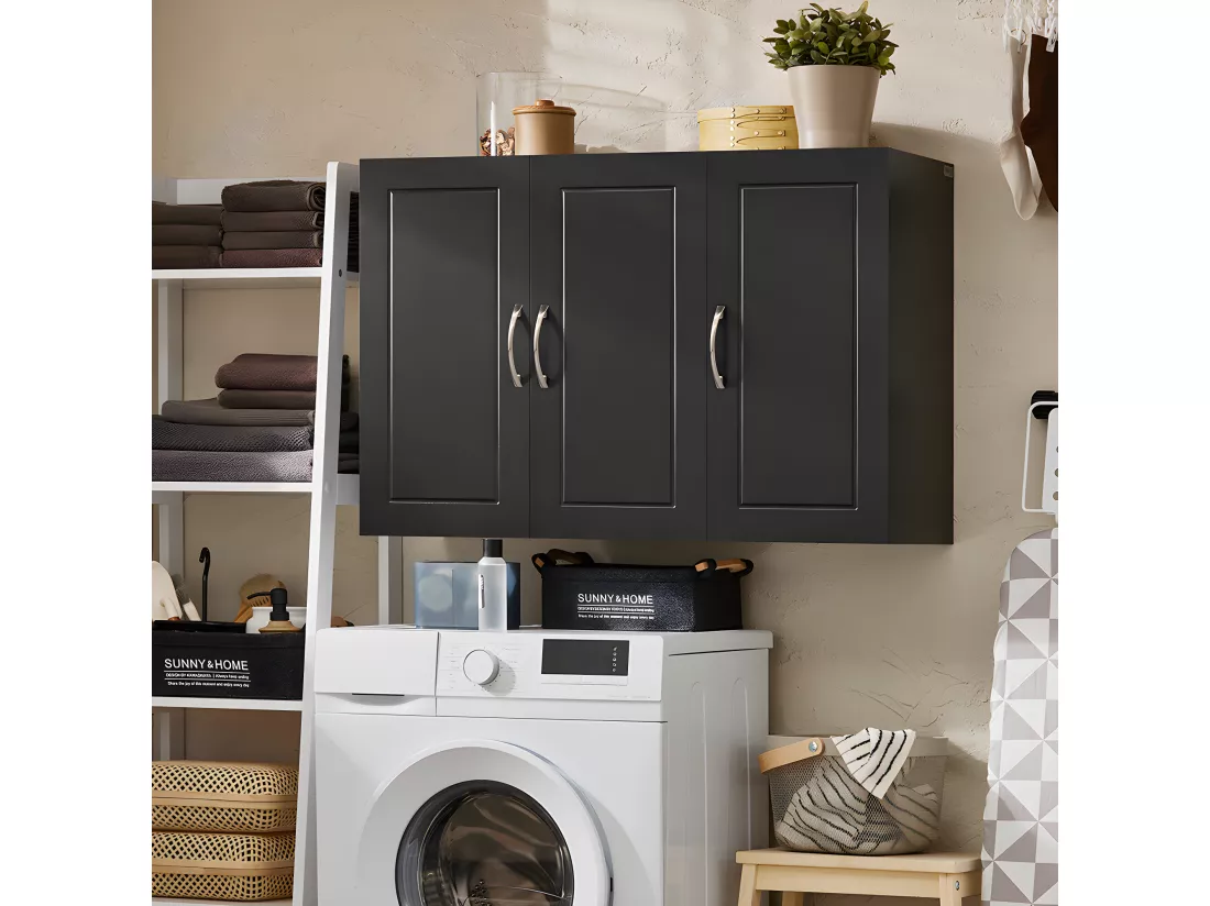 SoBuy Armoire Murale de Salle de Bain, Placard de Rangement, Meuble de Rangement Suspendu, Meuble Haut avec 3 Portes, 90x30x60 cm, Noir, FRG231-L-SCH