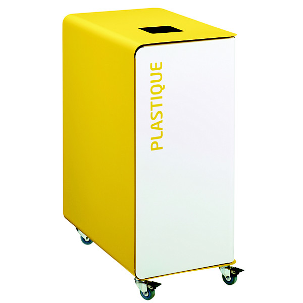 Borne de tri sélectif 90 L support-sac avec roulettes sans serrure - cubatri - tri plastique-blanc+jaune