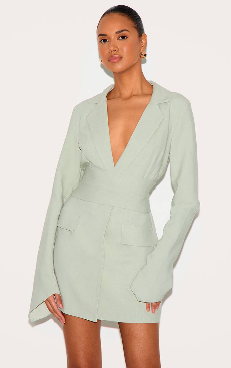 Vert Sauge Robe Blazer Ceinturée En Tissu Tissé