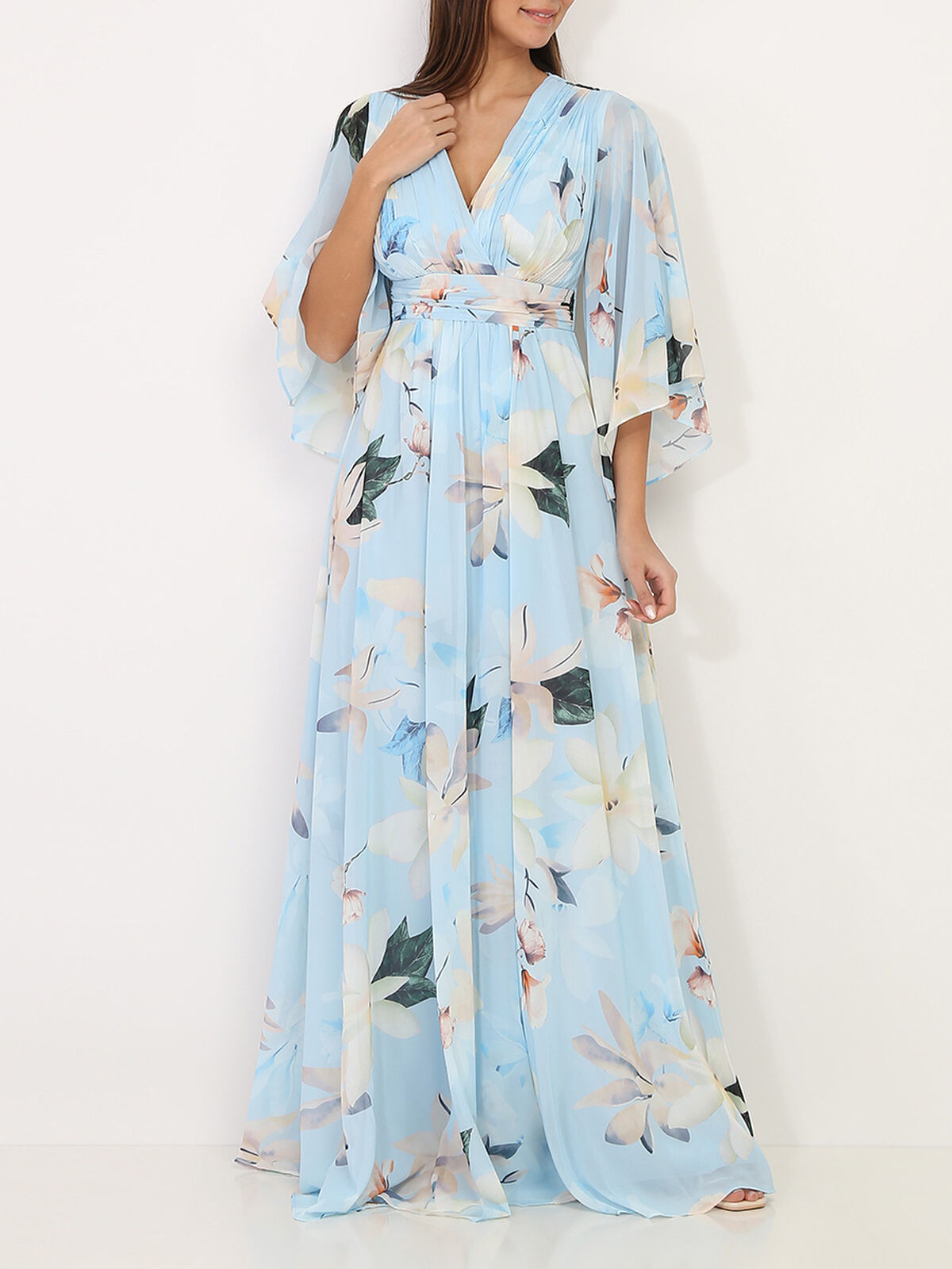 Robe longue plissée à fleurs- Bleu clair