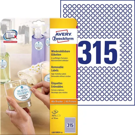 Avery Zweckform L6019REV-25 Runde Etiketten,A4 Ø 10 mm, 25 Bogen/7.875 Etiketten, weiß