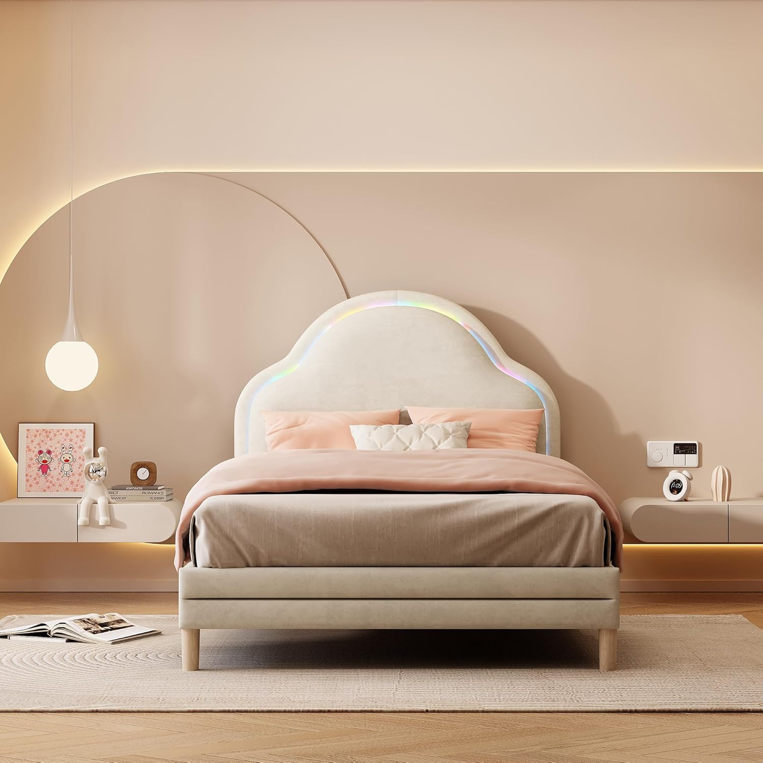 Merax Kinderbett Polsterbett 90x200 cm mit LED, Einzelbett mit wolkenförmigem Kopfteil, Samt Bettgestell mit Lattenrost, Kinder Einzelbett mit Farbwechsel Licht, Beige, ohne Matratze