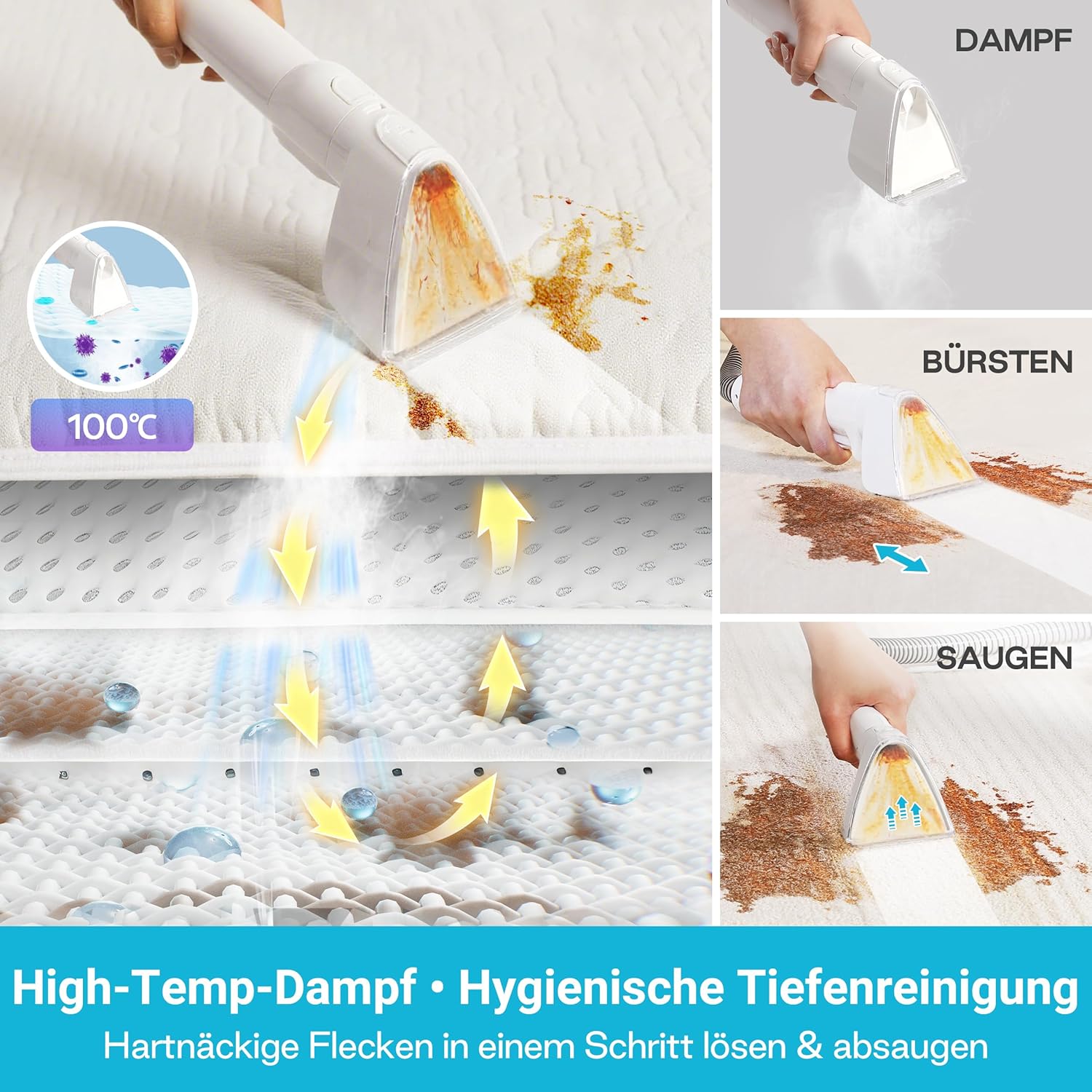 Polsterreiniger Gerät Nasssauger Waschsauger, 15 KPa Nasssauger Polsterreiniger, 1,6 L Wassertank, Kompakter Dampfreiniger Polstermöbel, Selbstreinigung, für Teppiche, Sofa, Vorhänge, Auto
