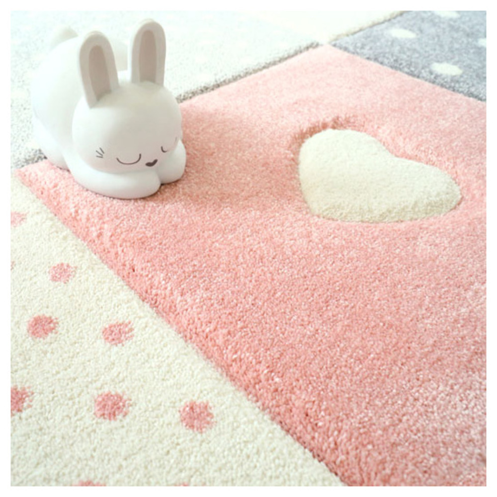 Tapis enfant fille - étoile et cœur - rose pastel gris crème - 160 x 230 cm
