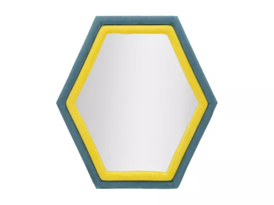 Miroir Hexagonal de Mur tony en Velours Bleu/Jaune, 75x4x80 cm, Cadre en Bois Tissu