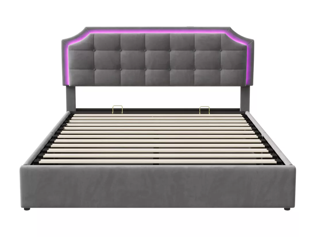 Lit Double 160x200 LED, Lit Coffre avec USB Lit Adulte Lit Rembourré en velours Lit de rangement Lit Capitonné, Gris