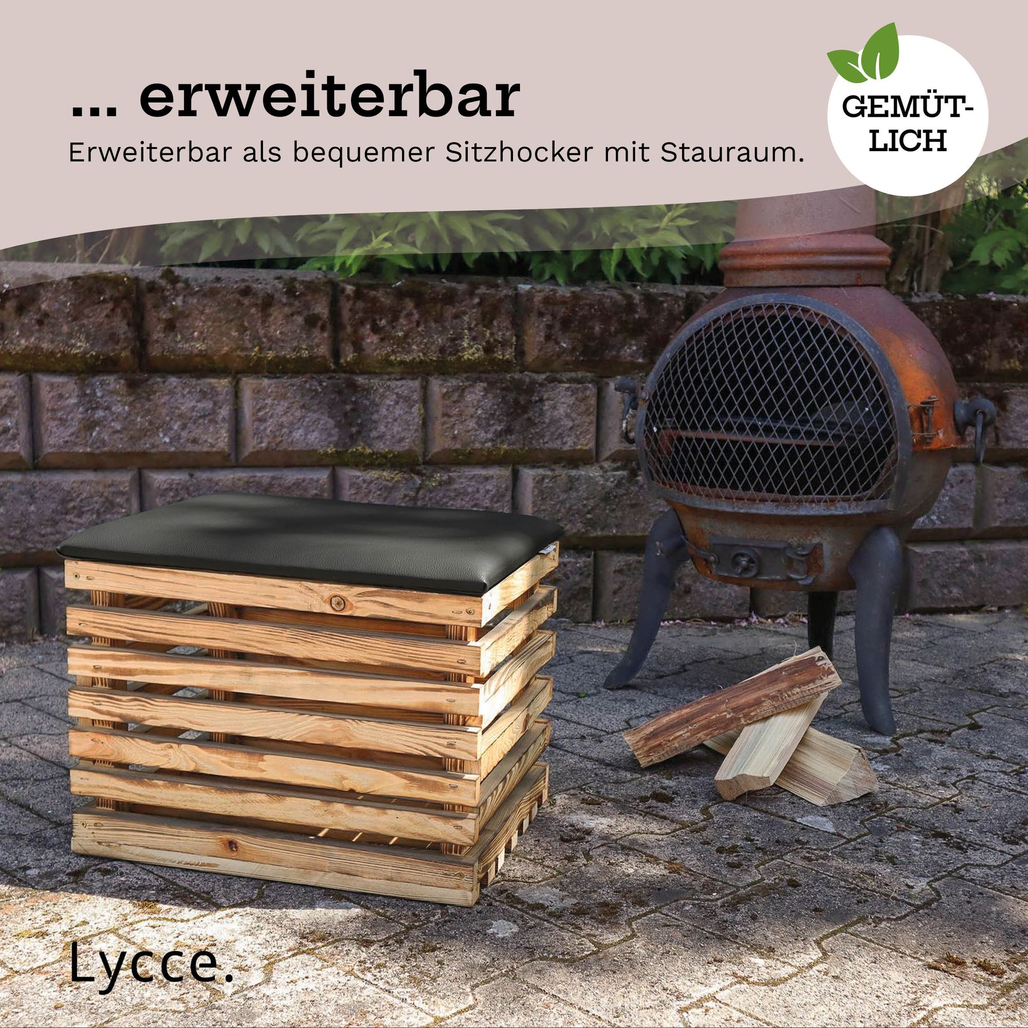 Lycce Sitzhocker mit Stauraum - 30L , Holzkiste aus geflammtem Holz