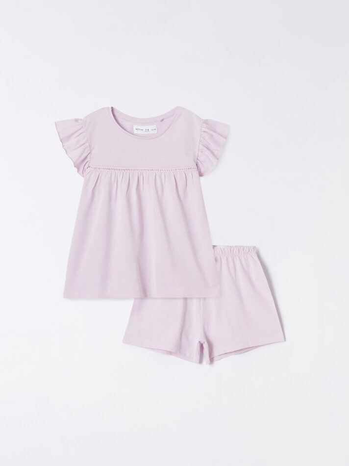 Conjunto de pijama com bordado suíço - Rosa claro