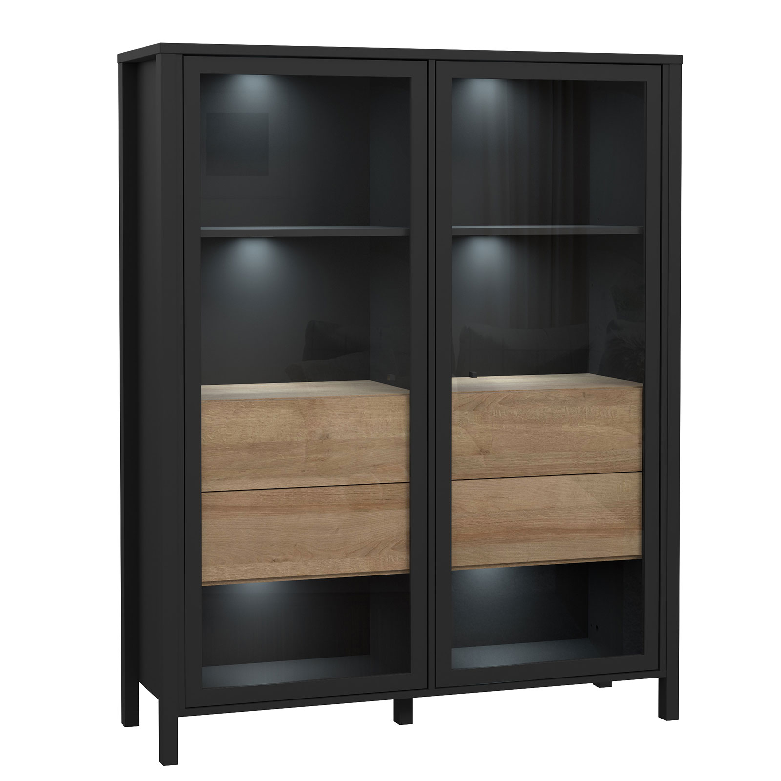 Highboardvitrine - Riveria Eiche - schwarz - mit 2 Glastüren