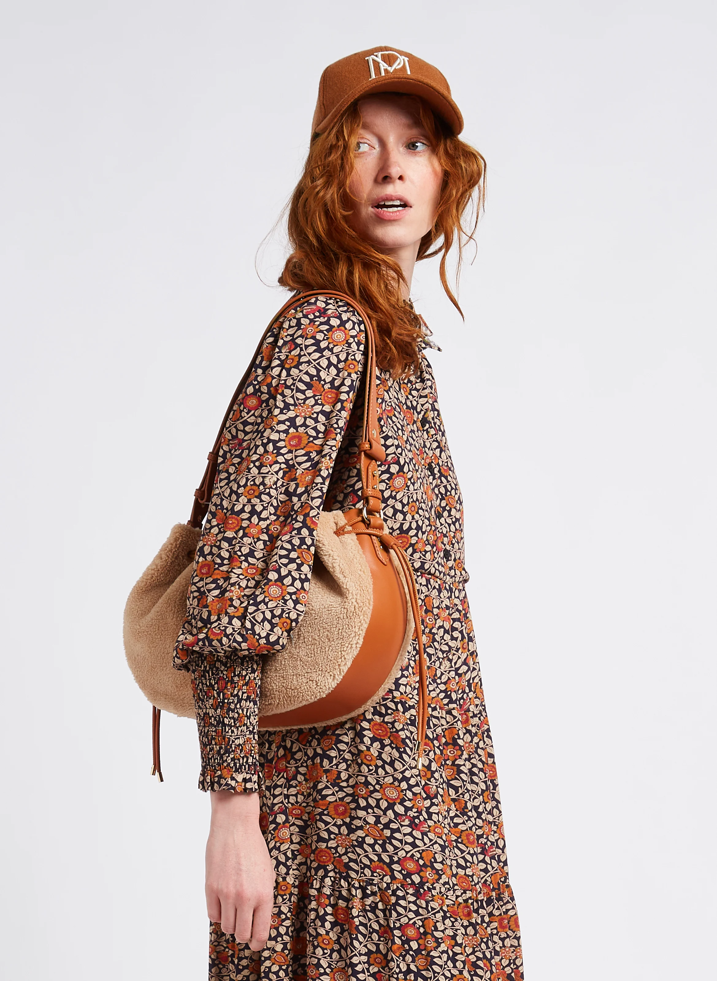 SAULINE - Sac porté épaule bi matières| Marron