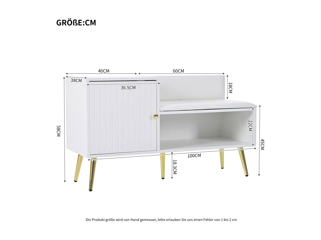 Armoire Banc à chaussures avec trois portes de rangement Avec poignées métalliques asymétriques Blanc