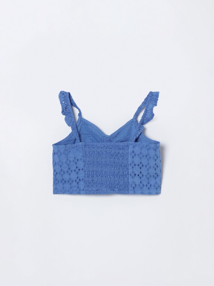 Blusa suíça bordada com babados - Azul-marinho