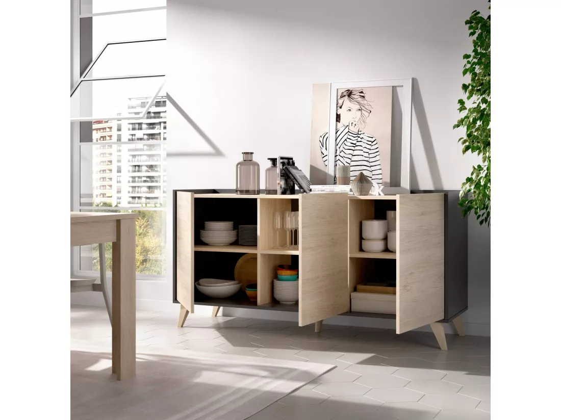 Buffet Dadop-vous, Buffet de salon, Buffet de salon moderne avec 3 portes, 155x43h75 cm, Chêne et Anthracite