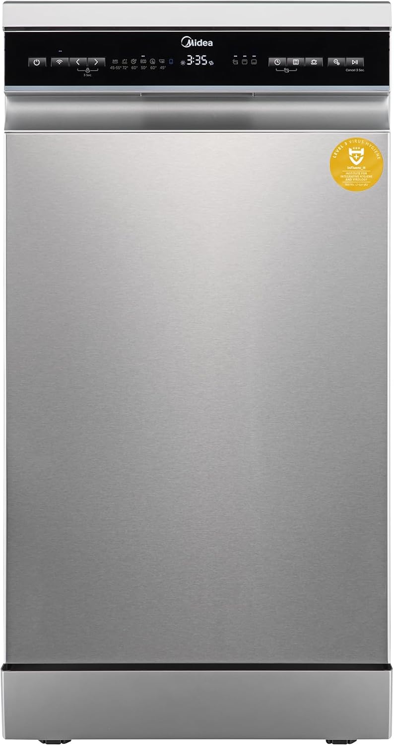 Midea Spülmaschine 45 cm MDWEF1034DSS-WE, Geschirrspüler Freistehend 10 Maßgedecke, Besteckkorb, höhenverstellbarer Oberkorb, Aqua-Stopp, Startzeitvorwahl, Silber