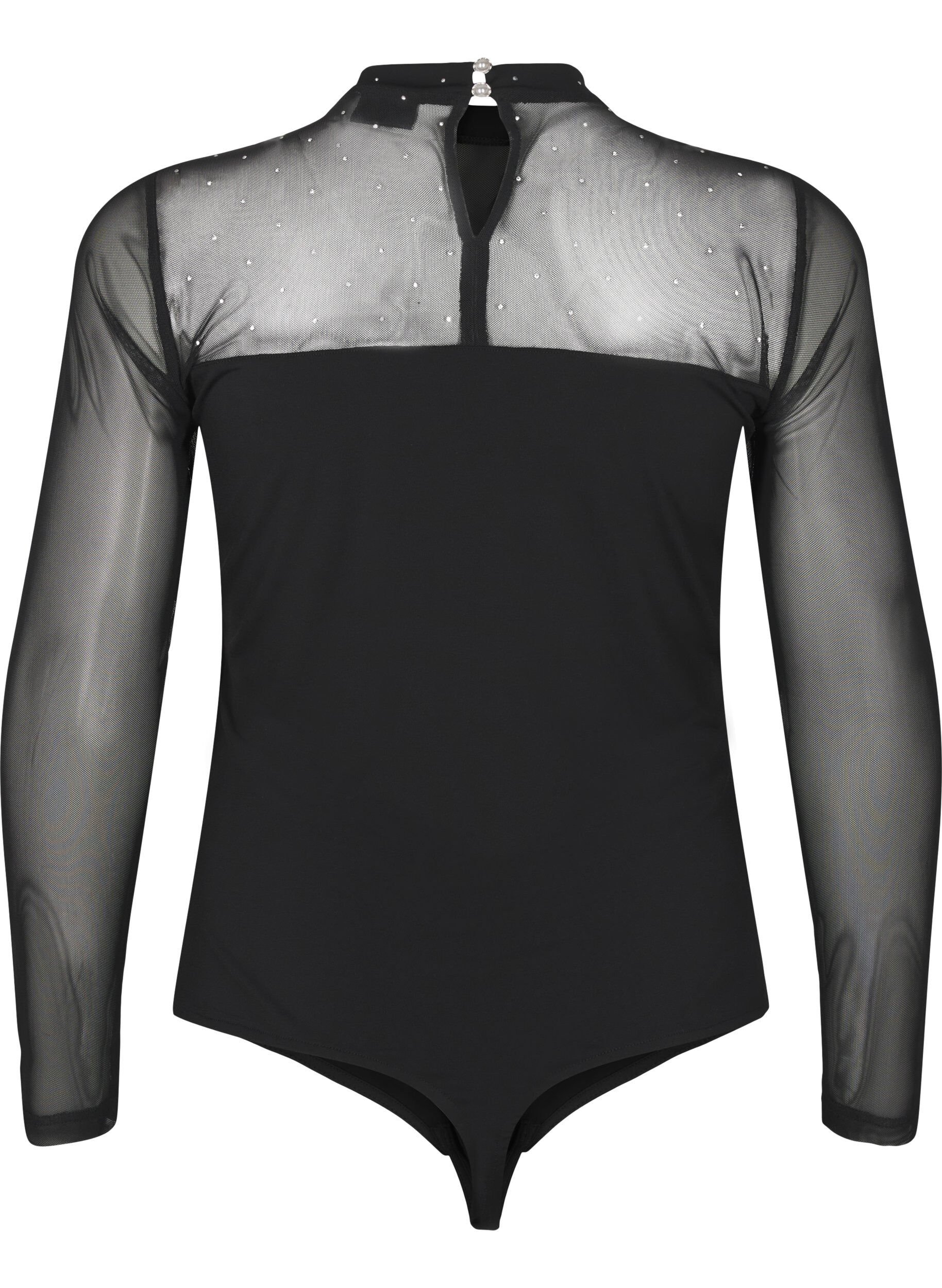 Bodystocking med nitter og lange mesh ærmer