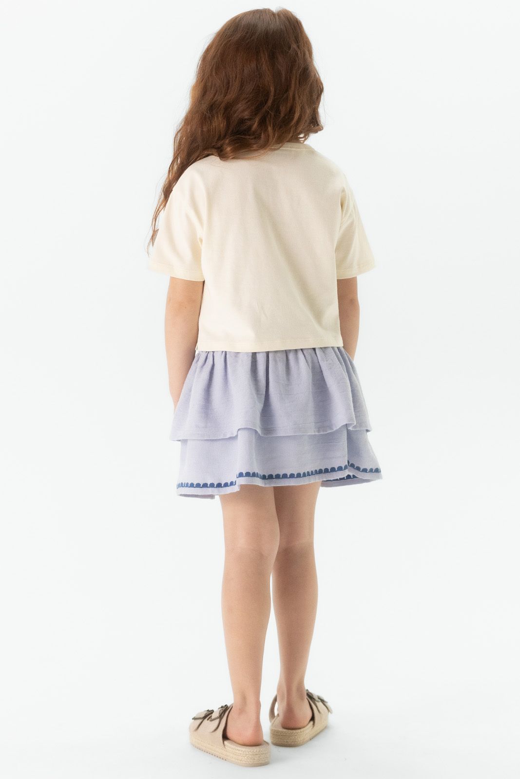 Blauw ruffle rok met geborduurde details