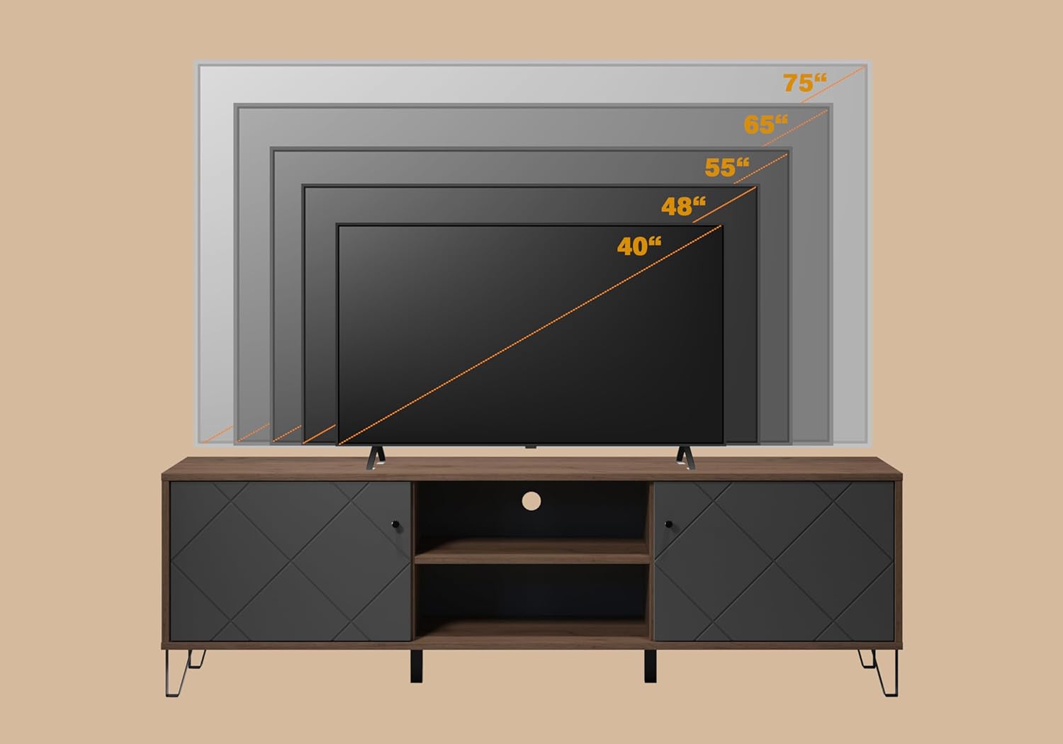 trendteam smart living - Montez - TV-Schrank - Grau/Eiche - TV-Unterschrank mit 2 Türen (für TV bis 65'') und 2 offenen Fächern - (BxHxT) 183 x 56 x 40 cm - Türfront mit Rautenoptik, Soft-Close