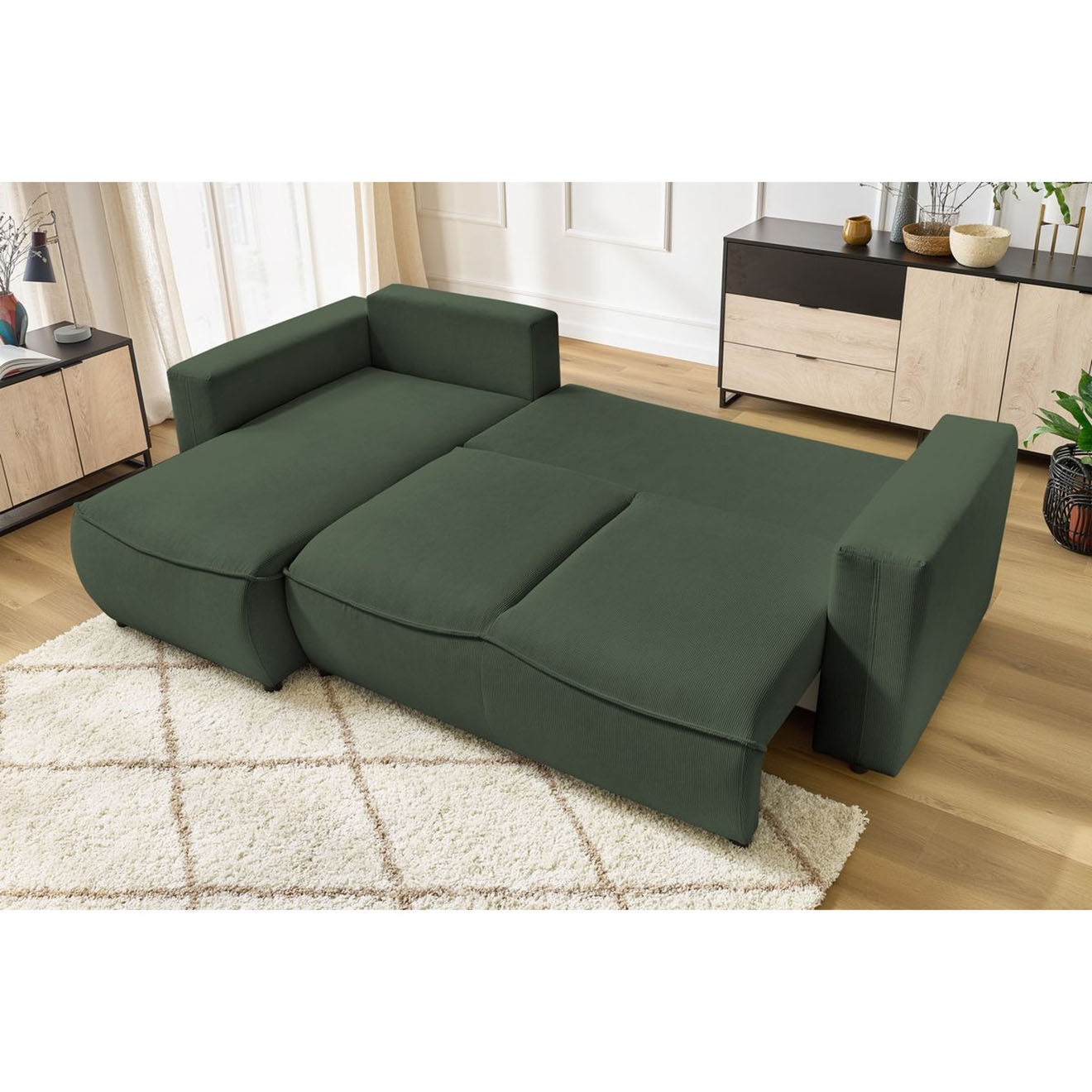 Bobochic Canapé d'angle gauche convertible coffre jasmin velours côtelé vert - 256x158x90 cm