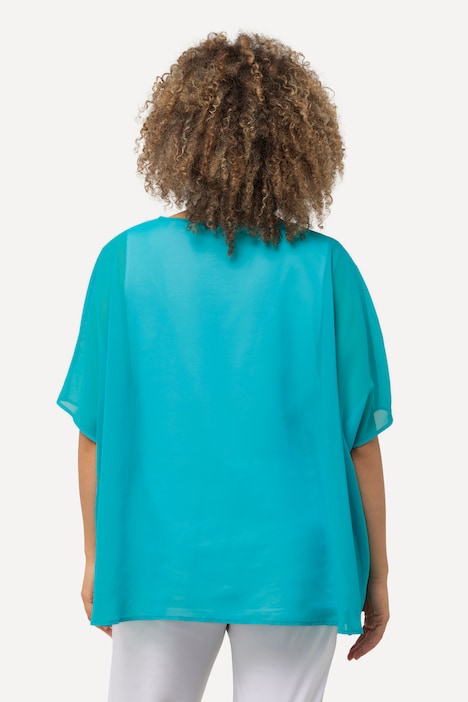 Chiffonbluse, Oversized, Rundhals, Halbarm