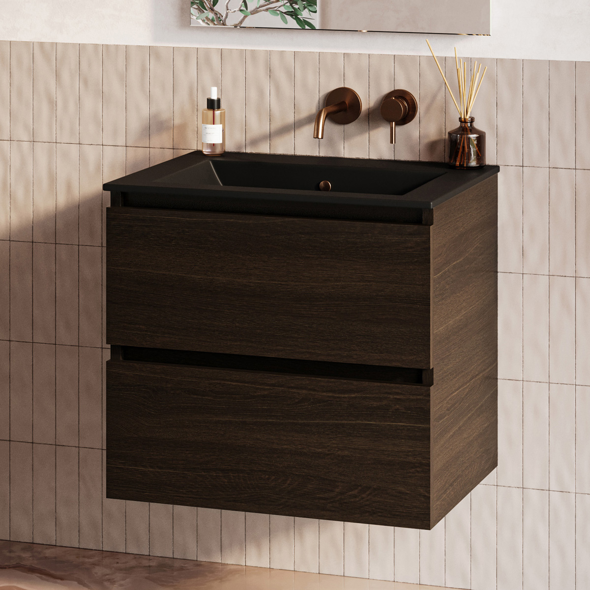 Fontana Rovigo badmeubel 60cm met zwarte wastafel zonder kraangat kasteel bruin