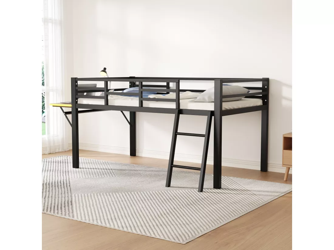 Lit mezzanine 90x200cm en métal avec LED - avec bureau abattant et sommier à lattes - Noir