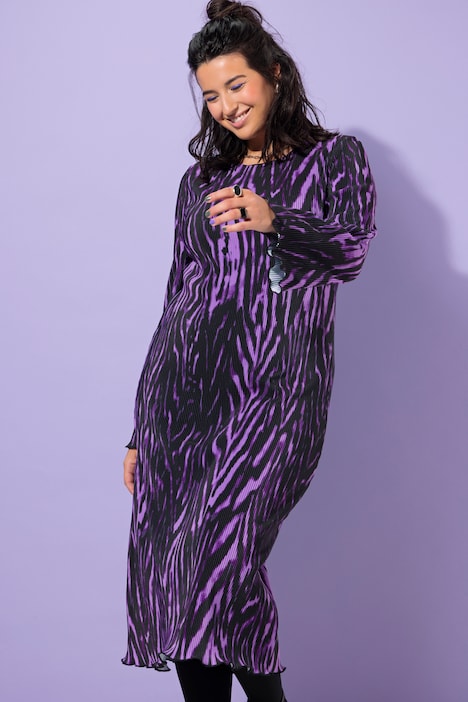 Plissee-Midikleid, Slim Shape, Alloverprint, Langarm