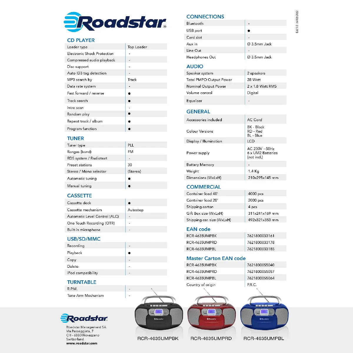 Roadstar RCR-4635UMPBK - Noir