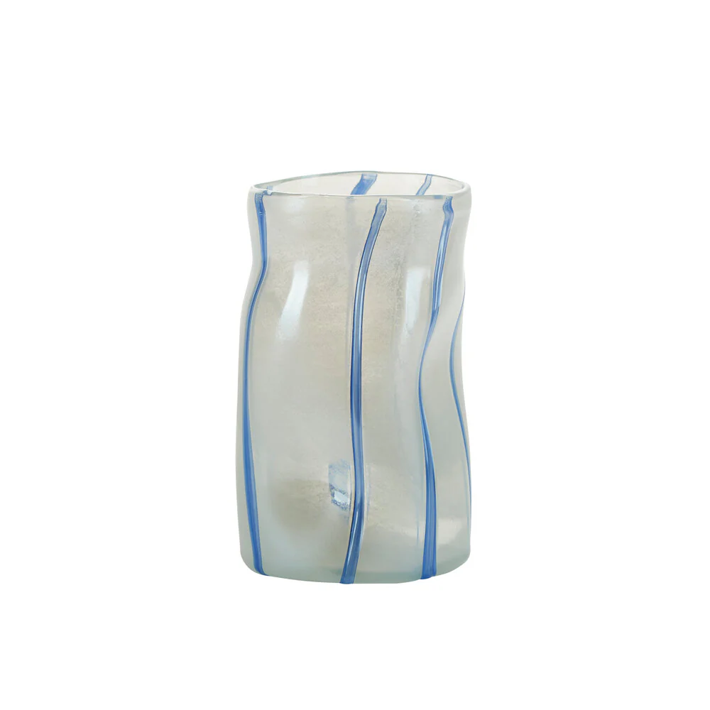 Bahne Interior  Glas vase med striber, Hvid/Blå - H19 cm