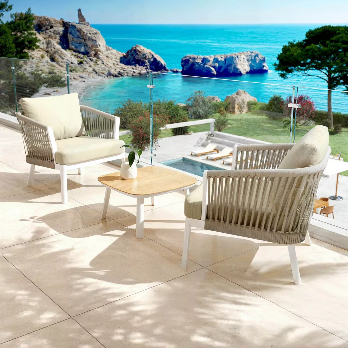 Fauteuil de jardin détente en aluminium Amalfi Blanc et beige