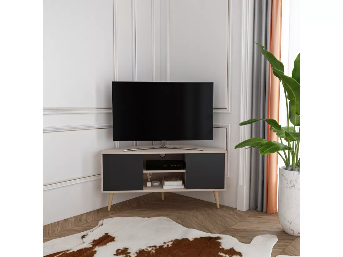 Meuble TV d'angle Lesson 120 cm 2 armoires et étagères ouvertes (Beige et Noir)