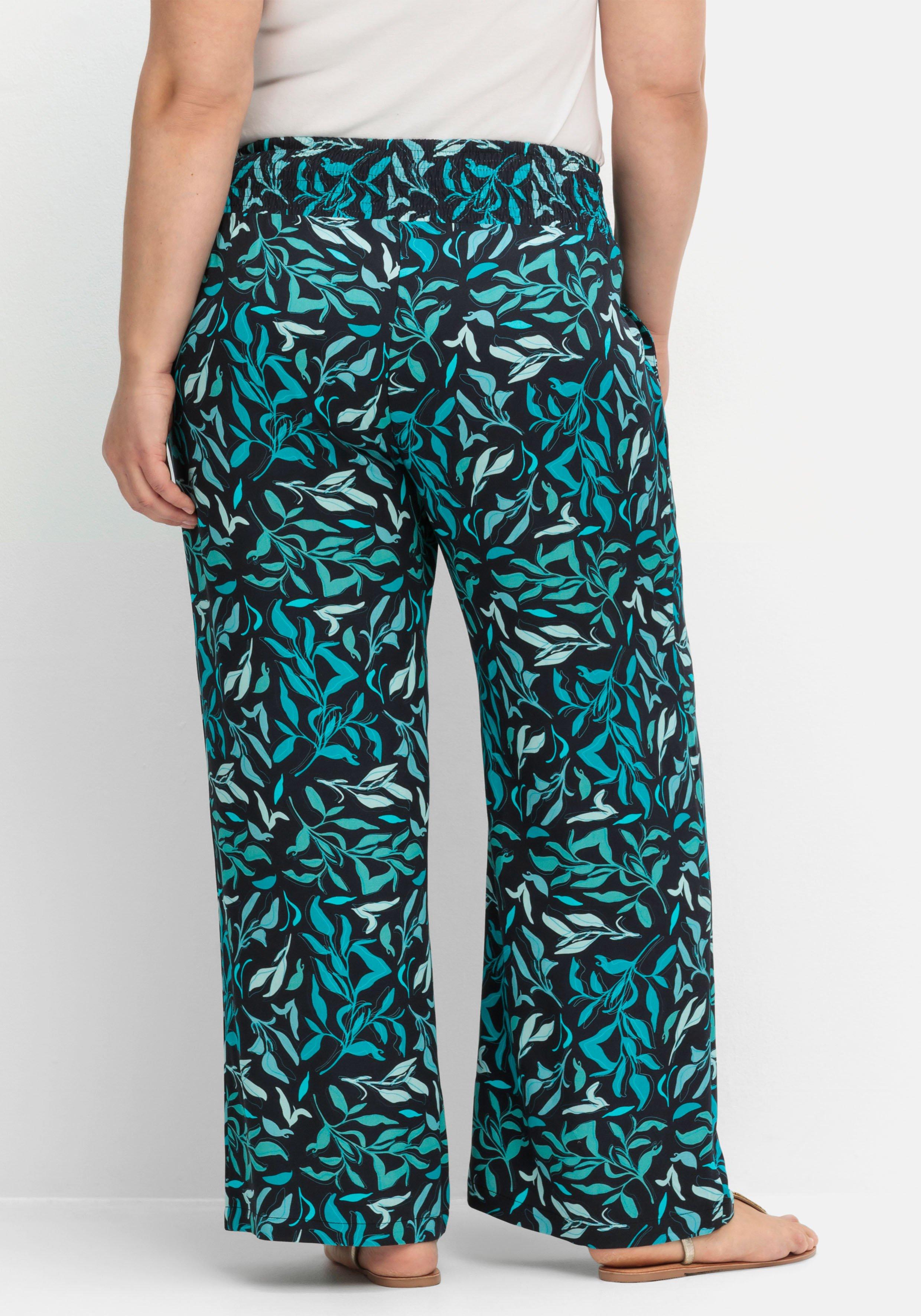 Weite Schlupfhose mit Smokbund und Blätterprint