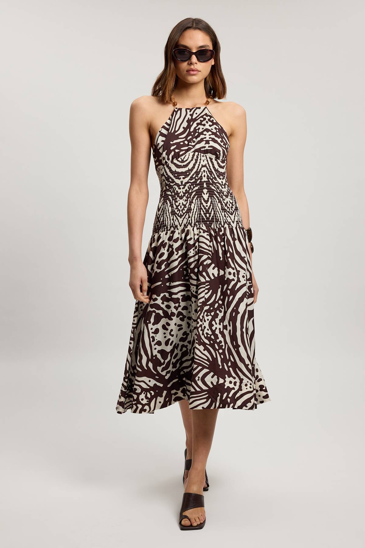 KarenMillen Robe Midi Tissée À Imprimé Animalier Froncée Avec Col En V Et Détail De Finition