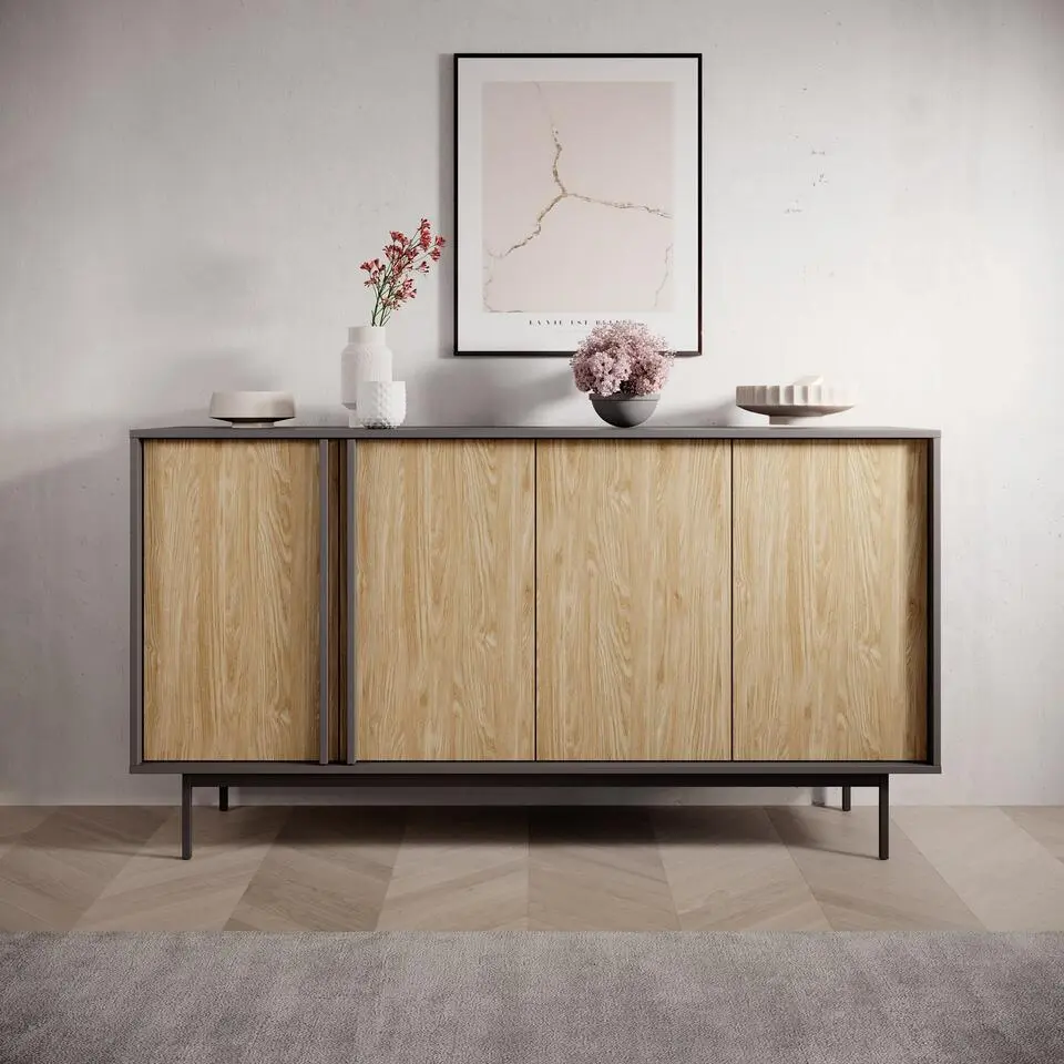Meubella - Antigo - Dressoir - Eiken/Antraciet - 163x43x87 cm