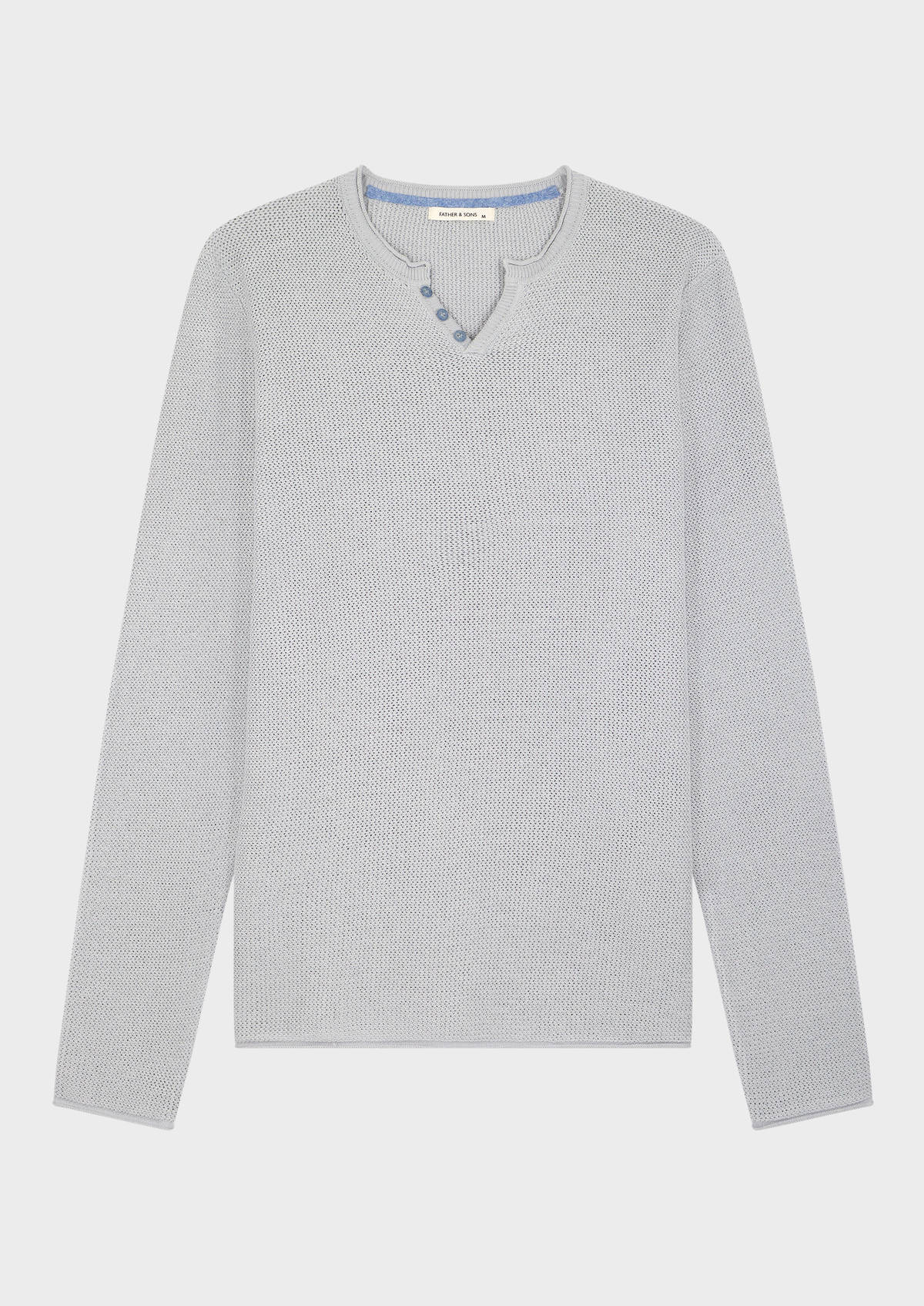 Pull col tunisien en coton et lin unis bleu ciel