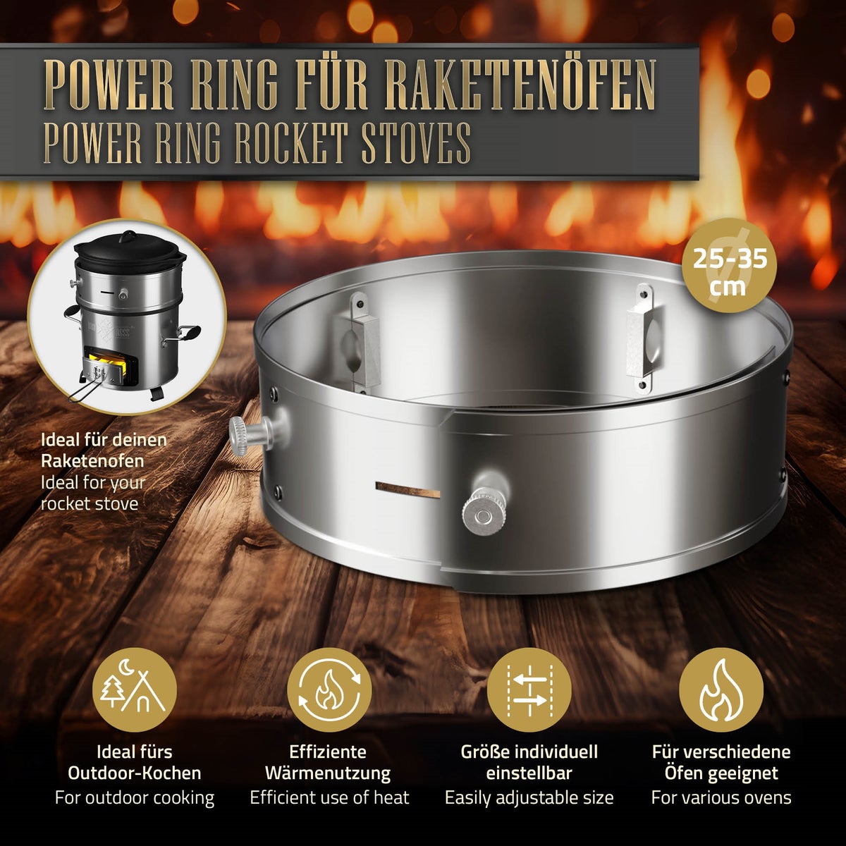 BBQ#BOSS Power Ring voor BBQ Rocket Stove, van roestvrij staal, Ø 25-35 x 9 cm, verstelbaar, vuurring voor rocket stove, tot +25% rendement en -20% rookontwikkeling, windbestendige functie, roestvrijstalen ring